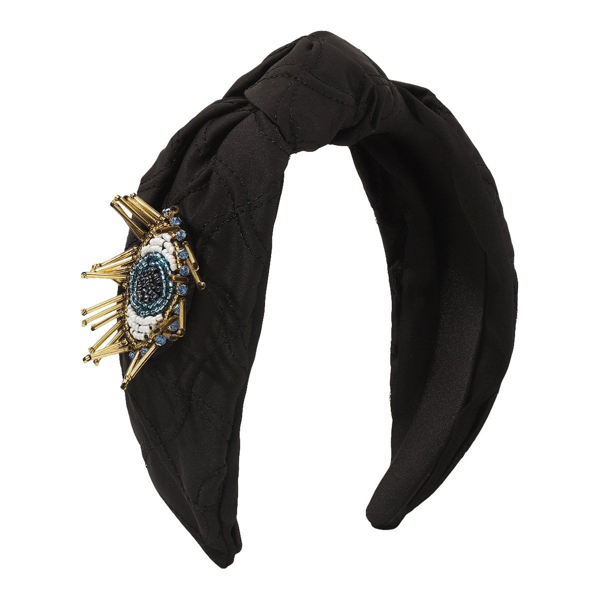 F4885 Exaggerated Creative Knotted Fabric Headband Rice Beads Contrasting Color Eyes Personality Micro-inlaid Plaid Headband Female