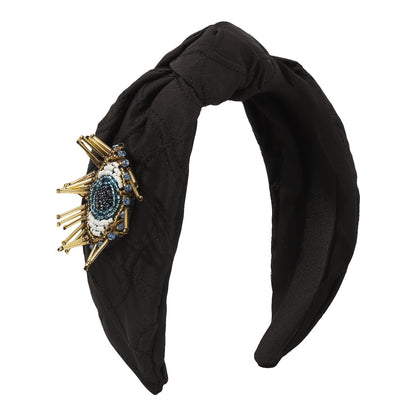 F4885 Exaggerated Creative Knotted Fabric Headband Rice Beads Contrasting Color Eyes Personality Micro-inlaid Plaid Headband Female