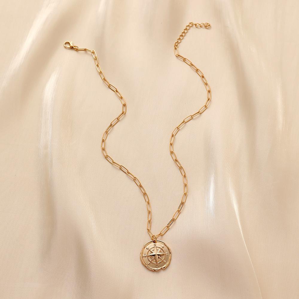 Fashion simple light luxury niche metal hollow retro compass coin pendant necklace female