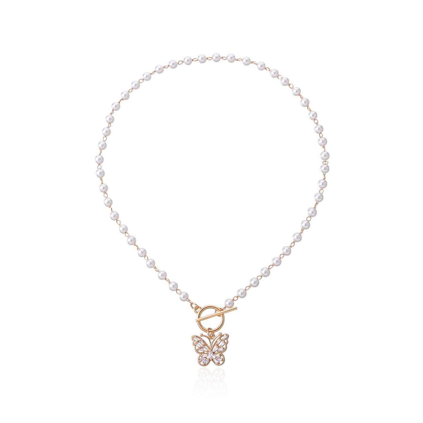 Jewelry Fashion OT Buckle Crystal Butterfly Pendant Necklace Women's Trendy Temperament Versatile Pearl Necklace