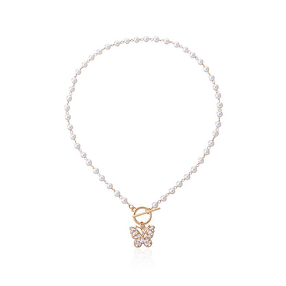 Jewelry Fashion OT Buckle Crystal Butterfly Pendant Necklace Women's Trendy Temperament Versatile Pearl Necklace