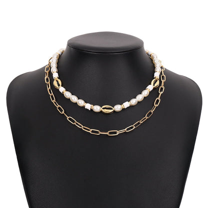 N1351 Elegant Retro Ethnic Necklace Pearl Shell Chain Multi-element Necklace Exaggerated Necklace