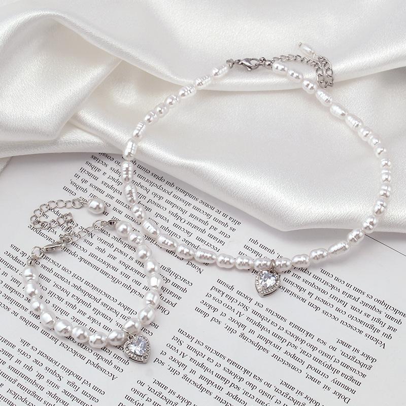 Retro vacation net red with the same paragraph irregular shaped baroque pearl accessories zircon heart necklace bracelet female