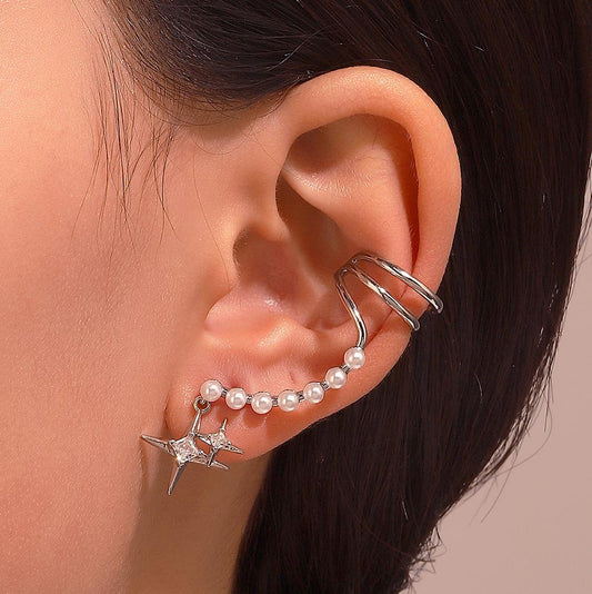 Ins diamond-studded four-pointed star ear clip without ear hole fashion temperament niche pearl ear bone clip temperament earrings female
