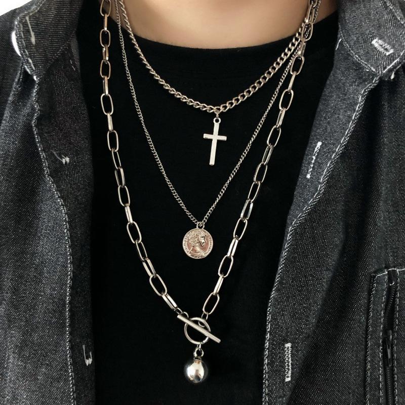 Hip-hop multi-layered cross necklace retro beauty head collarbone chain sweater chain accessories cool and handsome hipster pendant