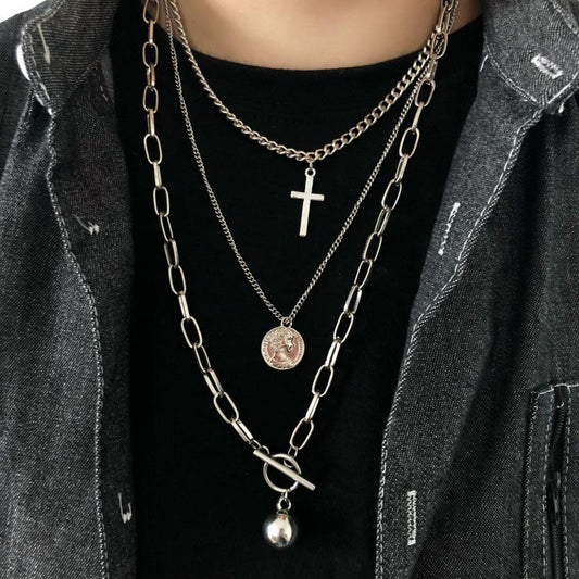 Hip-hop multi-layered cross necklace retro beauty head collarbone chain sweater chain accessories cool and handsome hipster pendant