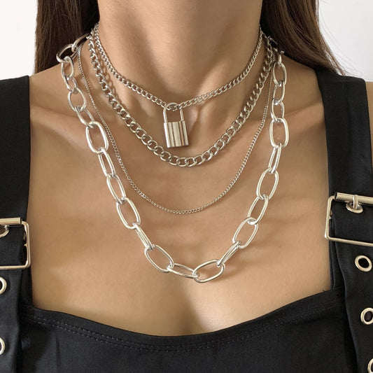 Jewelry Punk Retro Heavy Industry Metal Lock Necklace Female Hip Hop Geometric Cross Chain Necklace