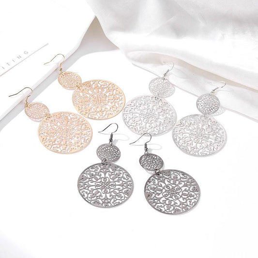 Fashion Earrings Retro Hollow Disc Frosted Earrings Palace Ethnic Carved Earrings