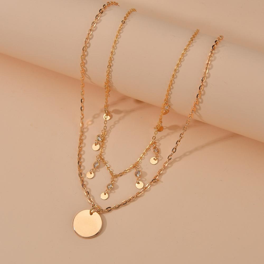 Fashion Double Layer Disc Pendant Necklace Ladies Vintage Rhinestone Necklace Jewelry Accessories