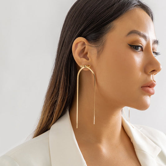Jewelry Temperament Simple Metal Bow Knot Earrings Versatile Snake Bone Chain Long Tassel Earrings