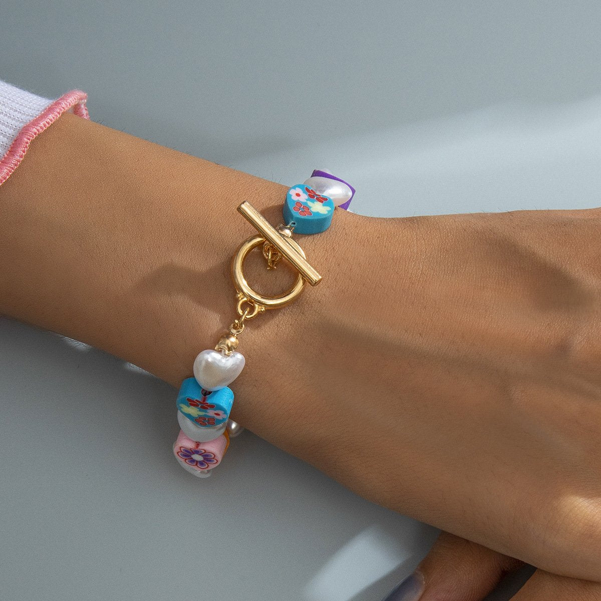 Ornament soft pottery mixed color pattern heart-shaped beaded bracelet simple imitation pearl OT buckle bracelet for women