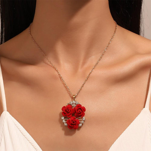 Rose Flower Necklace Set Vintage Fashion Red Rose Necklace Earrings Ring Valentine's Day Gift