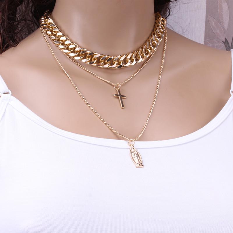 Jewelry Personality Thick Chain Punk Rock Portrait Retro Necklace Exaggerated Cross Multilayer Necklace
