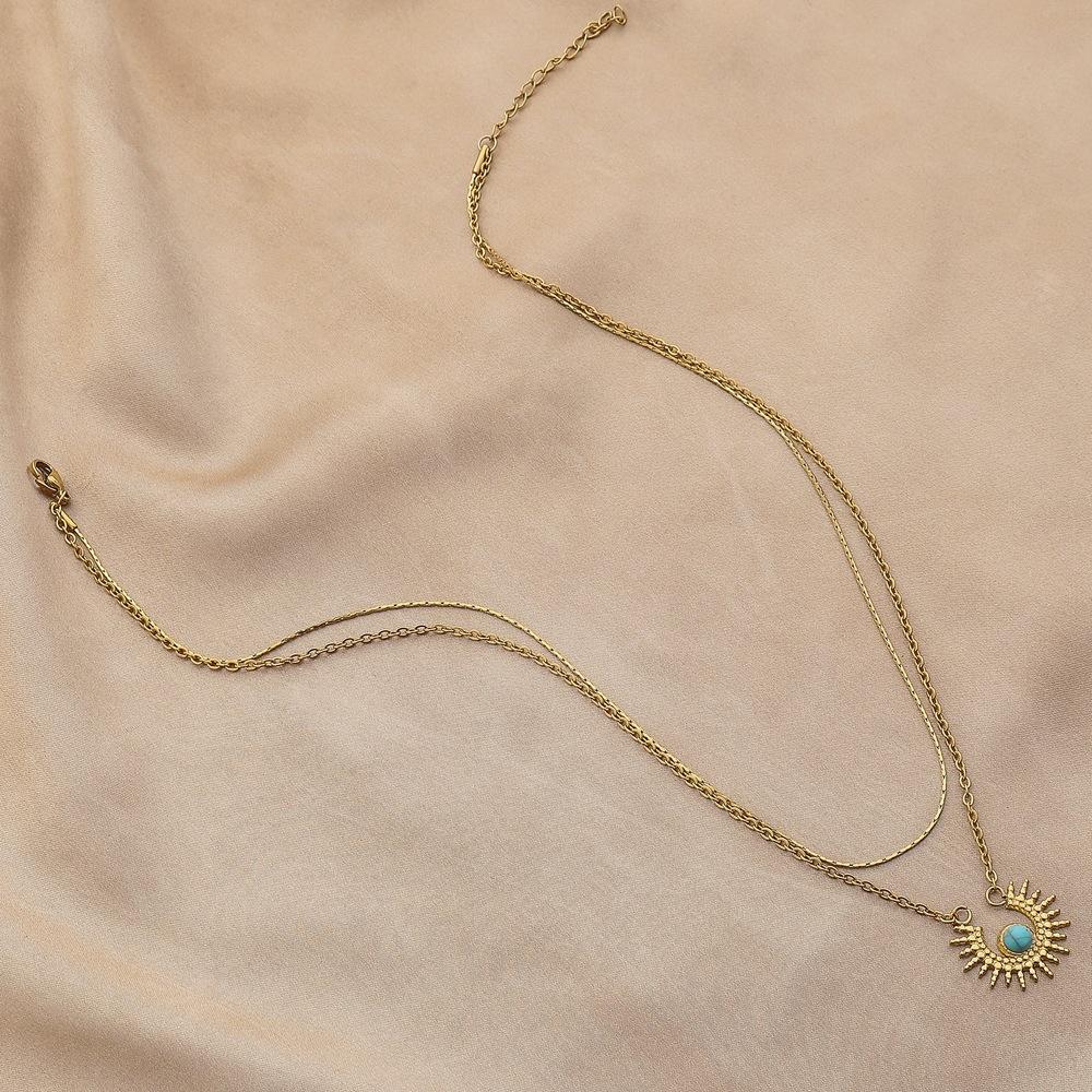 Personality creative stainless steel gold double gold wire chain sun turquoise pendant titanium steel necklace female