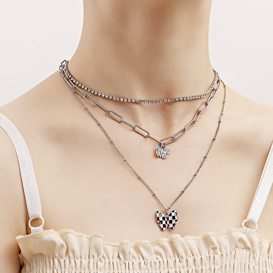 Jewelry Black and White Grid Butterfly Claw Drill Set Necklace Women's Street Shooting Exaggerated Butterfly Clavicle Chain Necklace