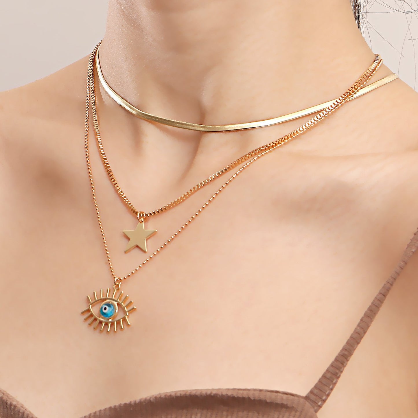 Jewelry cool multi-layer flat snake chain geometric pentagonal blue star devil's eye pendant necklace female