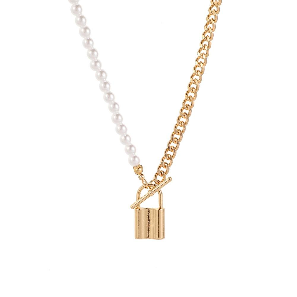 INS Jewelry Personality Metal Lock Pendant Simple Versatile Pearl Necklace Fashion Street Shot Necklace