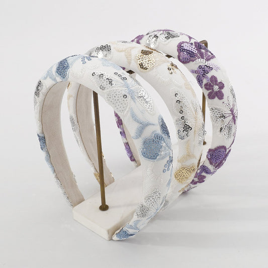 F4536 Small Fresh Net Red Fashion Sponge Headband Embroidered Sequin Flower Elegant Retro Sweet Fabric Headband