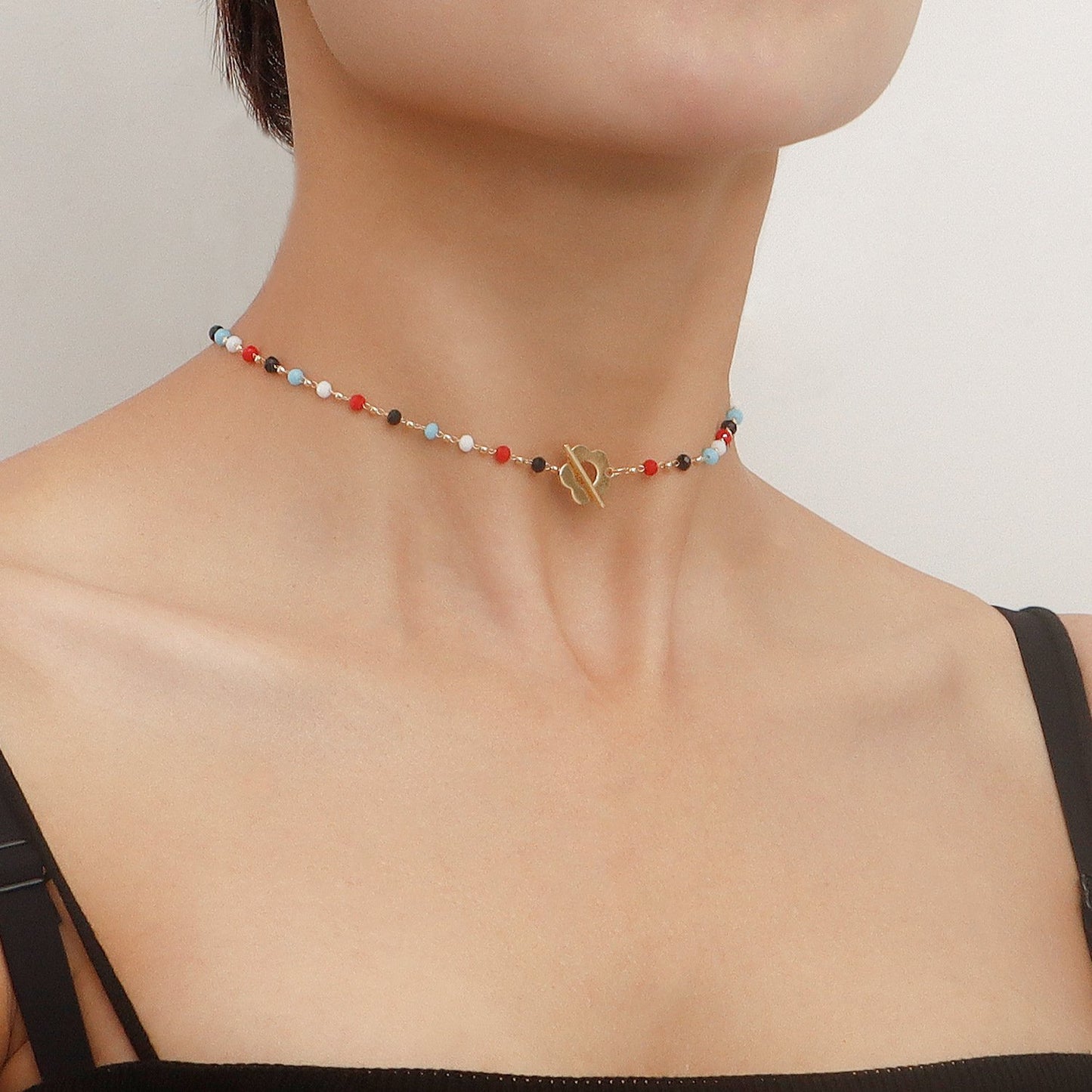 Jewelry Fashion Temperament Colorful Crystal Glass Beads Necklace Simple OT Buckle Short Flower Necklace