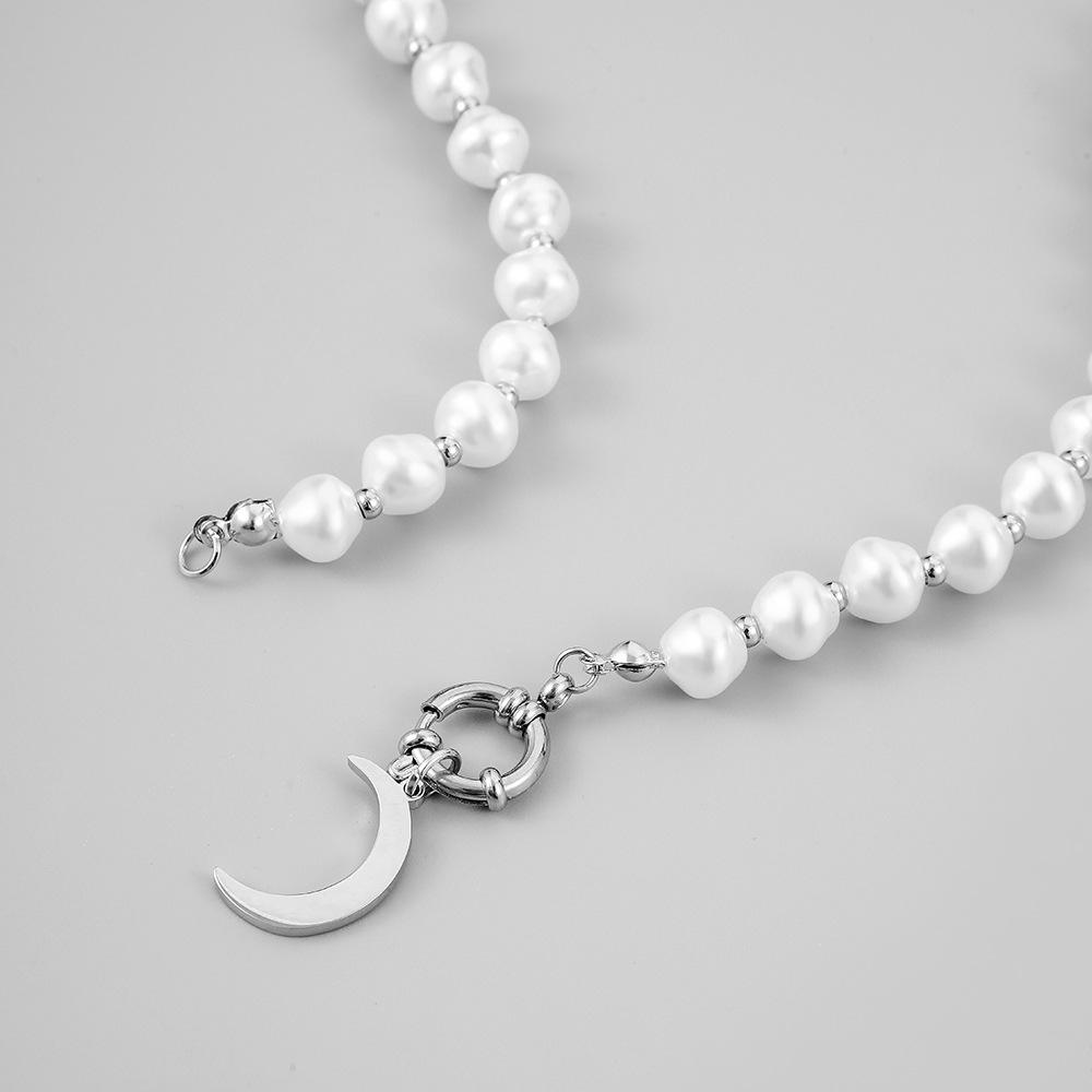 Fashion Harbor Stainless Steel Pearl Moon Lock Necklace Creative Retro Personality Design Versatile Men's Necklace