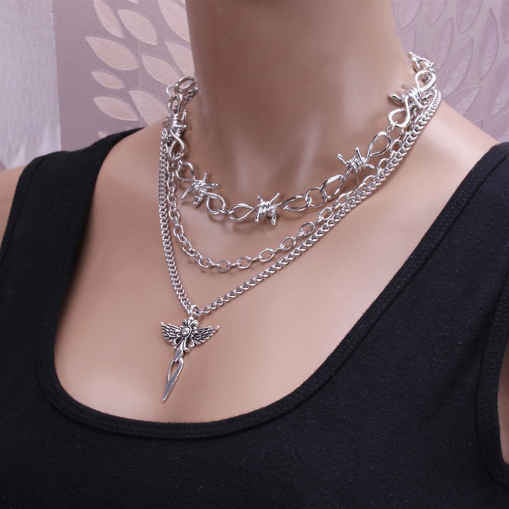 Jewelry Retro Geometric Hollow Cross Necklace Simple Thorn Knotted Multilayer Necklace Set Chain
