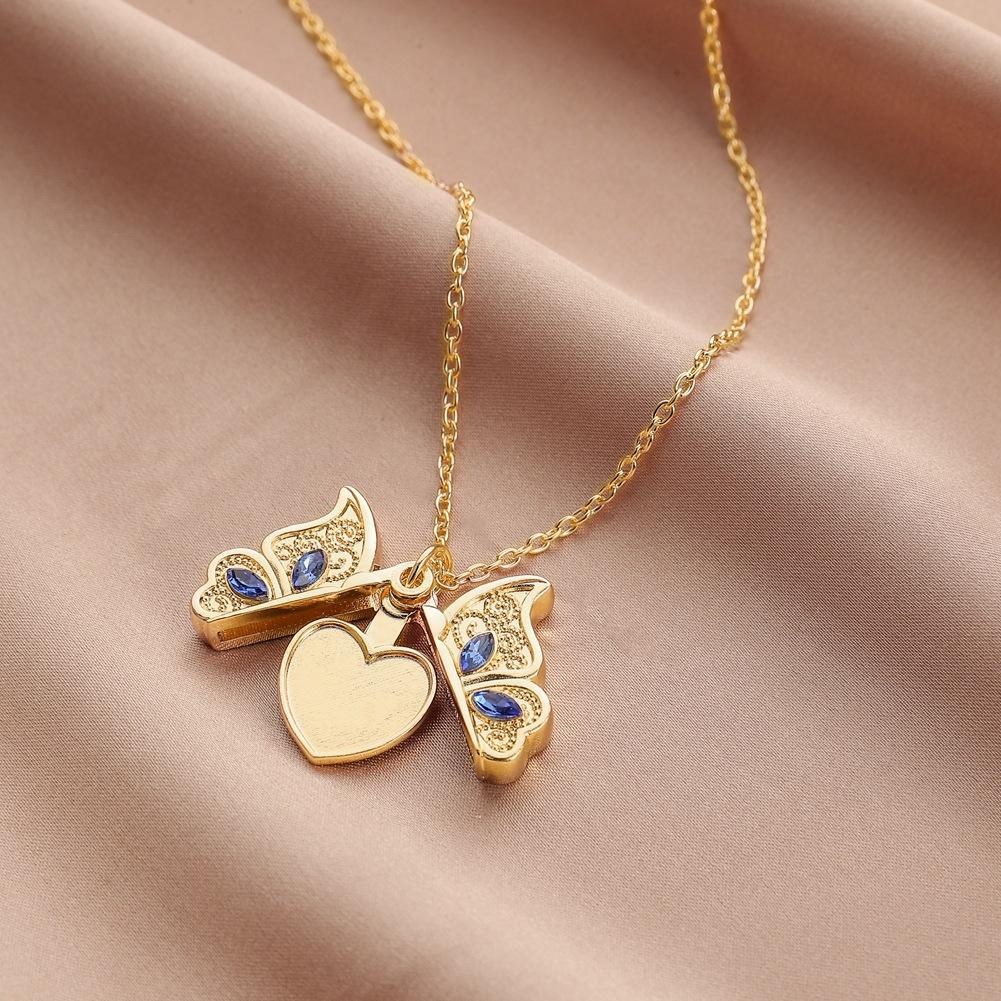 Personality and creativity can open the diamond-encrusted photo box butterfly necklace heart-shaped pendant love light luxury niche jewelry women