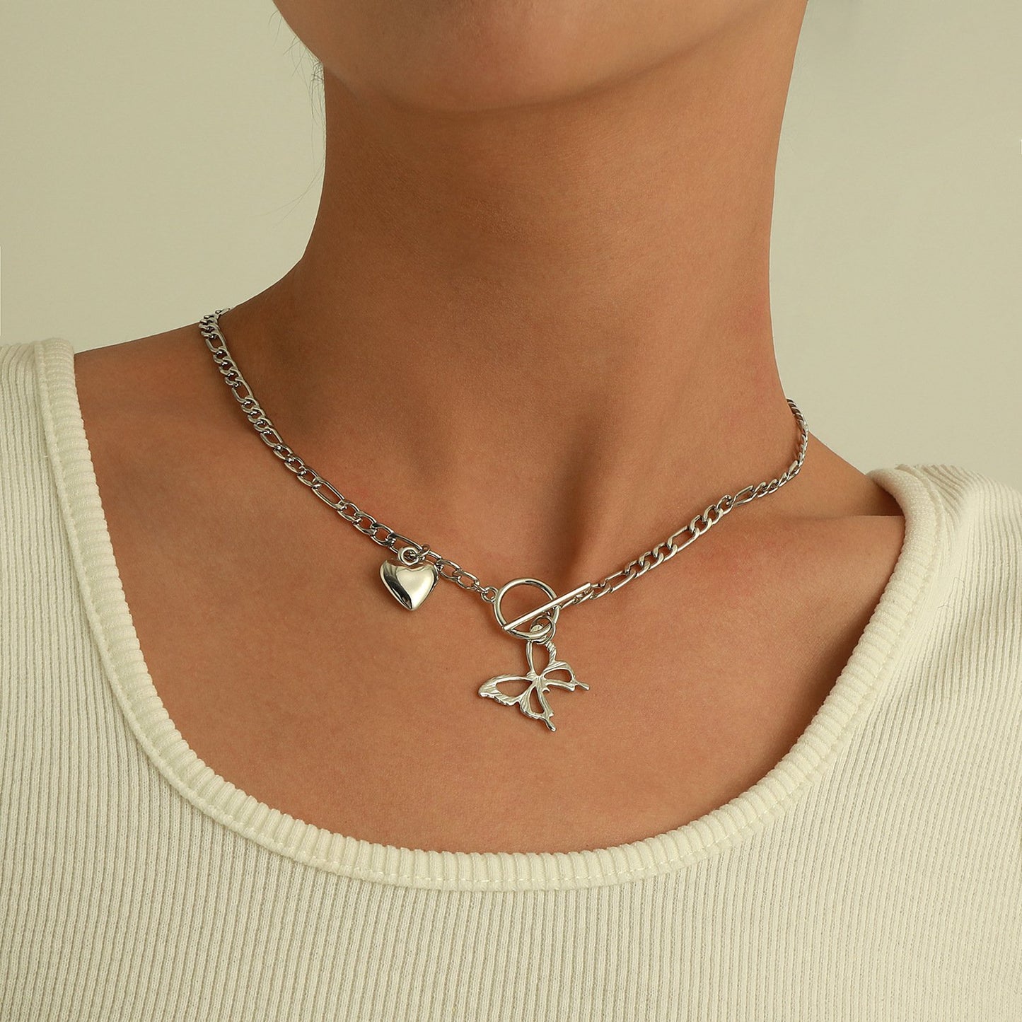 Jewelry Geometric OT Buckle Hollow Butterfly Pendant Necklace Ladies Three to One Trendy Love Heart Necklace
