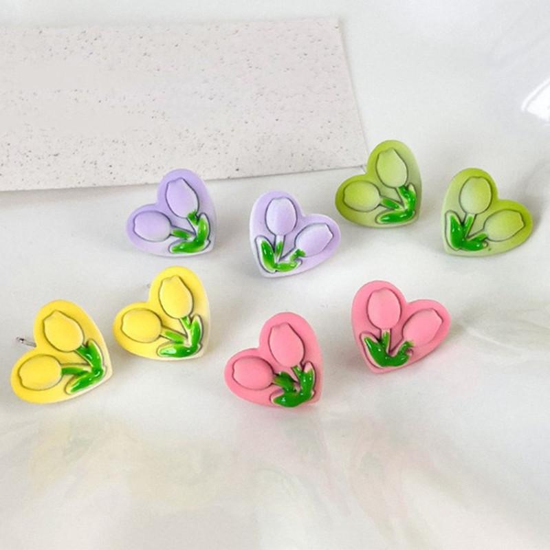 Internet celebrity sweet pink love earrings trendy tulip flower earrings s925 silver needle earrings