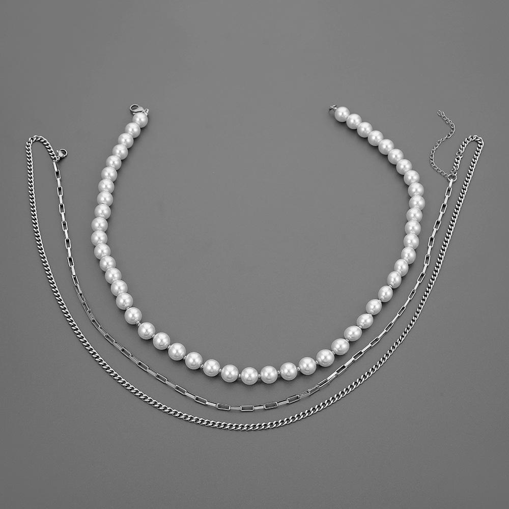 Personalized fashion multi-layer stainless steel pearl necklace titanium steel three-layer trendy hip-hop high street men's collarbone chain