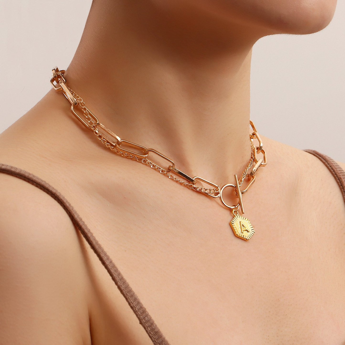 Necklace Explosive Accessories Exaggerated Punk Metal Cuban Chain Necklace Light Luxury Letter A Double Necklace Female