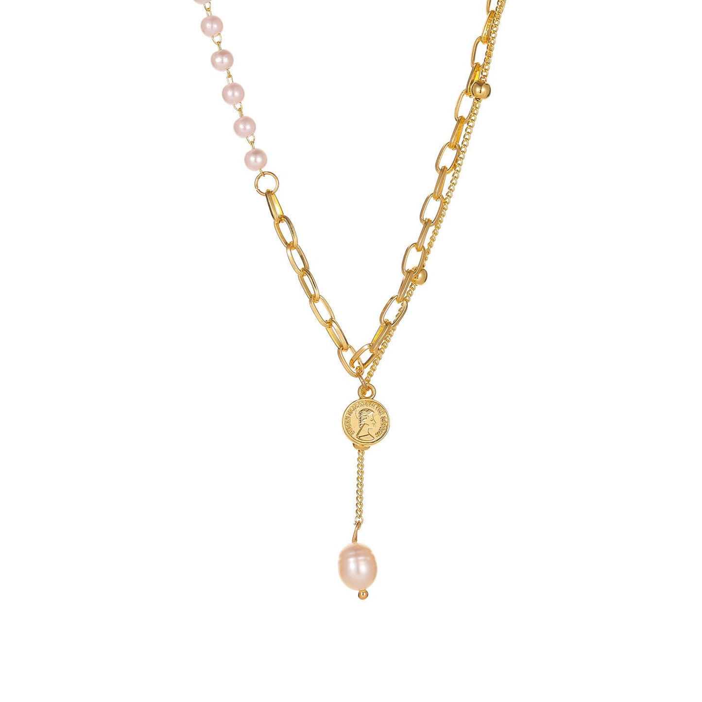 Retro Chain Pearl Pendant Necklace Fashion Temperament Trend Double Stacked Portrait Stitching Necklace