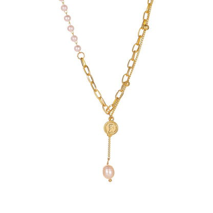 Retro Chain Pearl Pendant Necklace Fashion Temperament Trend Double Stacked Portrait Stitching Necklace