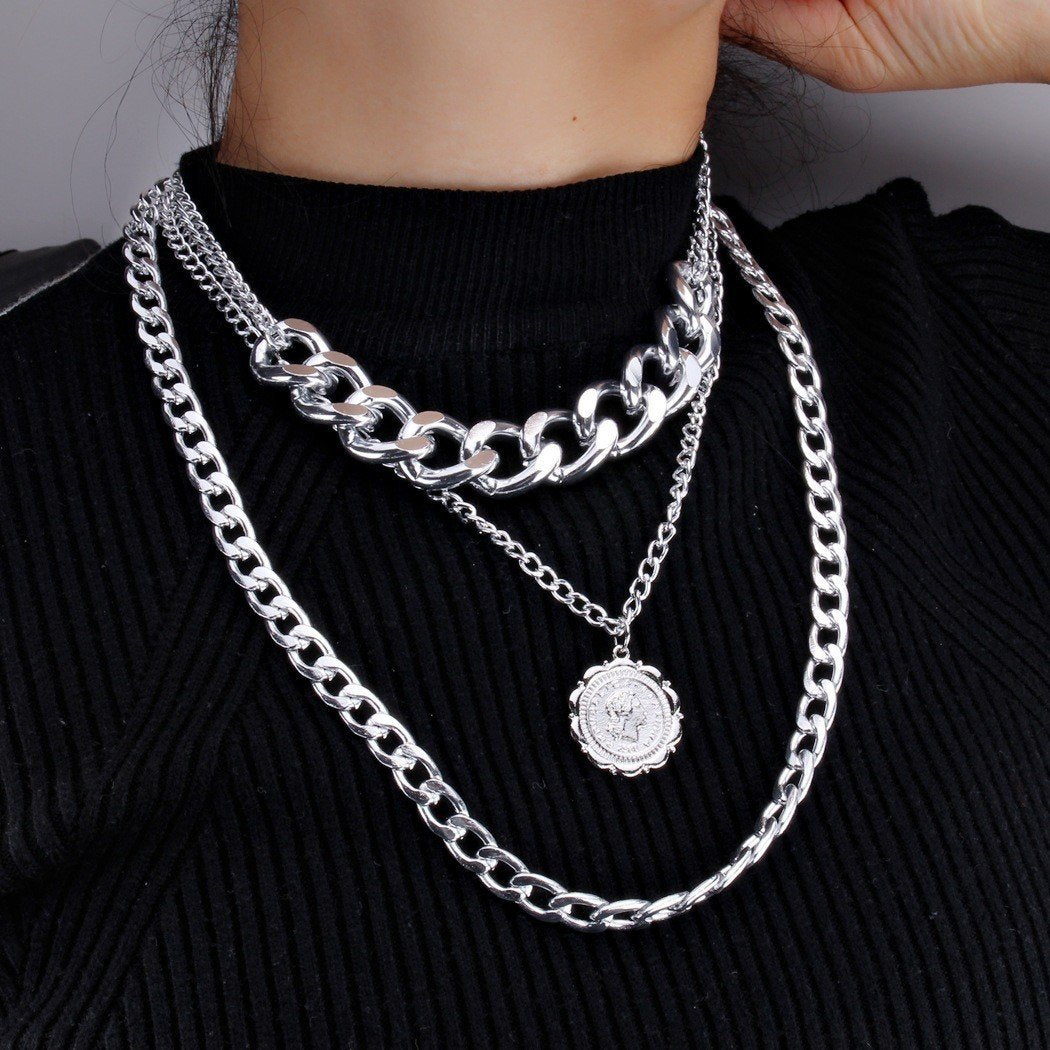 Jewelry Personality Exaggerated Chain Necklace Sweater Chain Simple Queen Pendant Multilayer Necklace Female