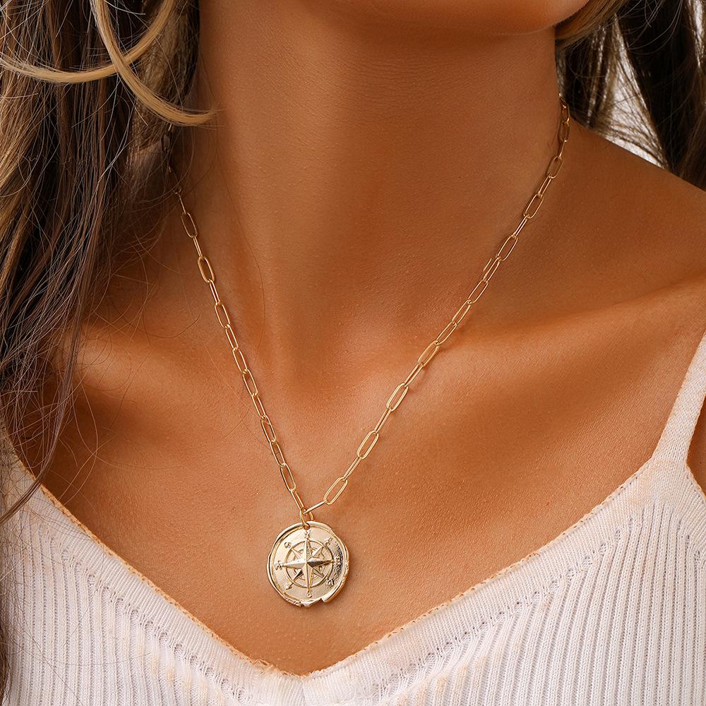 Fashion simple light luxury niche metal hollow retro compass coin pendant necklace female