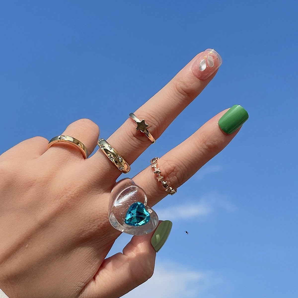 Jewelry Vintage Diamond Gem Heart Shaped Ring Set Simple Star Geometric Ring Jewelry