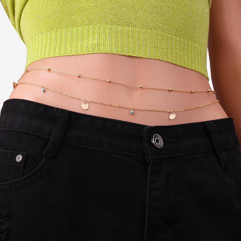 Versatile bead chain geometric body chain simple sequins turquoise pendant double waist chain women