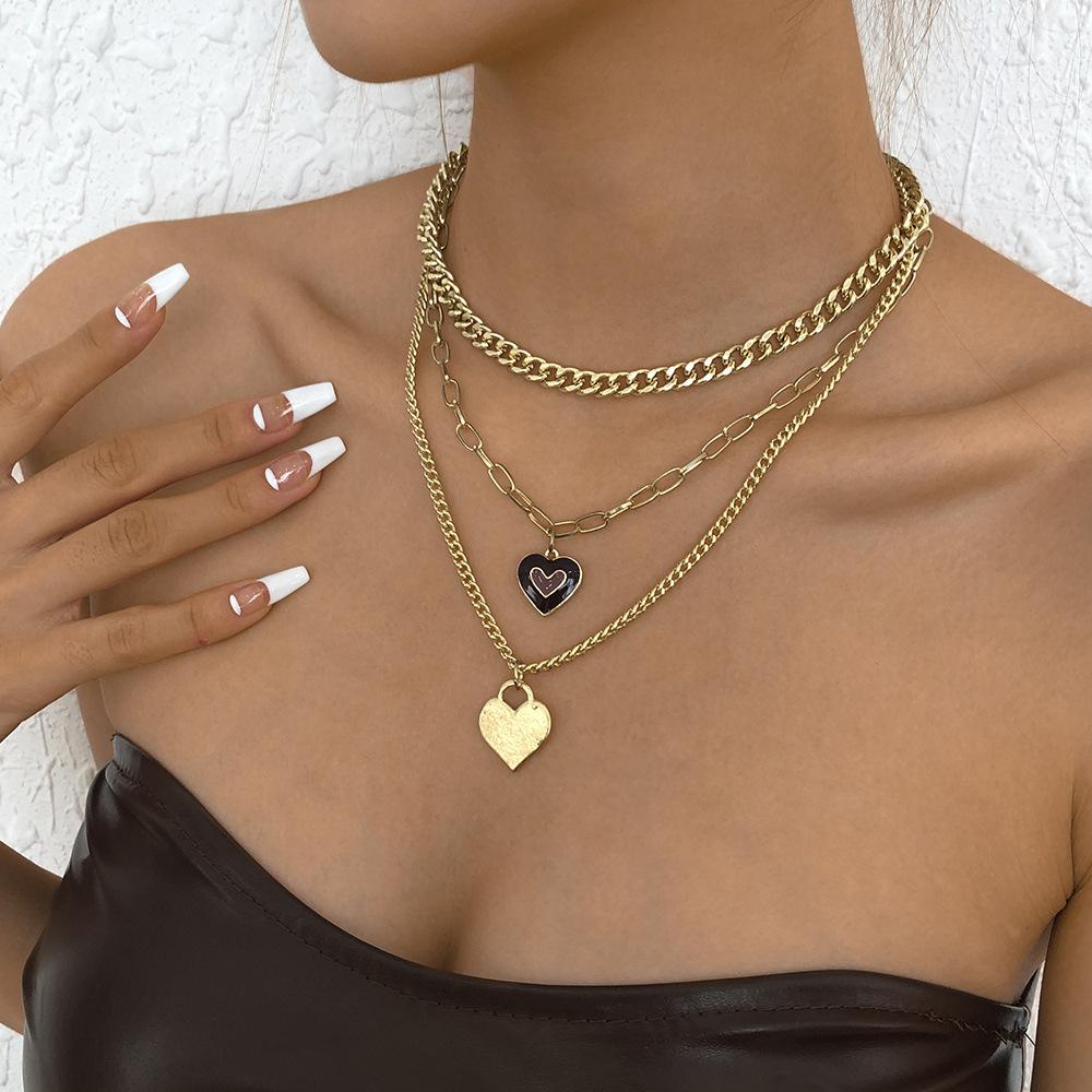 N9429 Hip Hop Personality Street Shot Necklace Retro Love Drop Oil Necklace Trendy Cool Exaggerated Multilayer Necklace Female