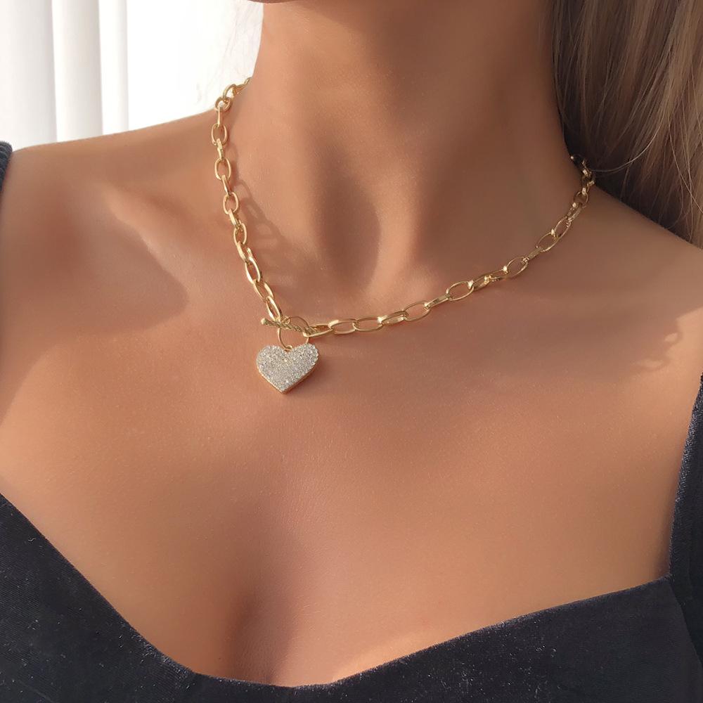 N8321 fashion exaggerated punk metal chain single layer necklace trendy heart-shaped diamond necklace