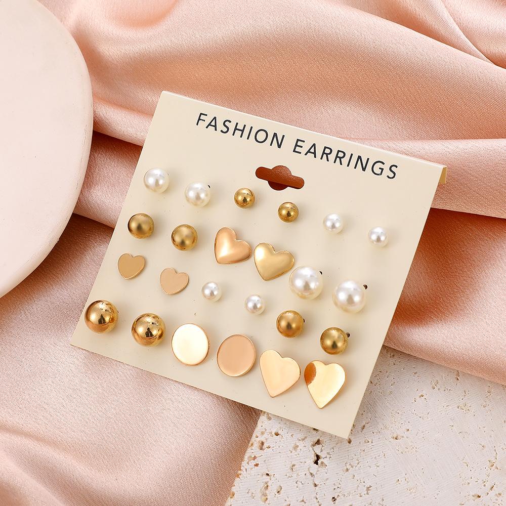 ins simple love pearl earrings set fashion creative geometric peach heart earrings sweet card earrings