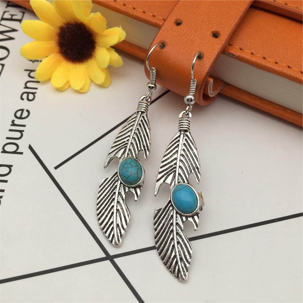 Vintage Ethnic Earrings Alloy Leaf Palm Owl Turquoise Earrings Jewelry Set