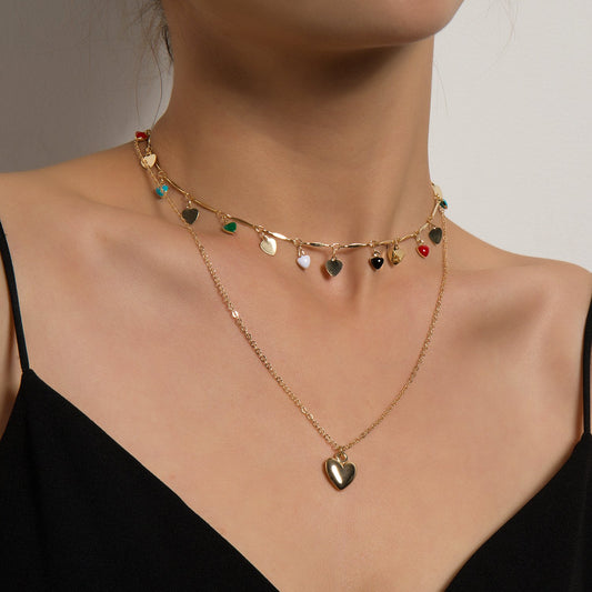 Jewelry fashion simple multi-layer drip glaze love metal piece necklace personality colorful temperament pendant