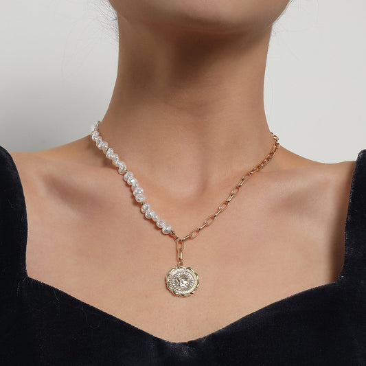 Jewelry Pearl Embossed Queen Pendant Necklace Female Creative Personality Fashion Lace Disc Necklace