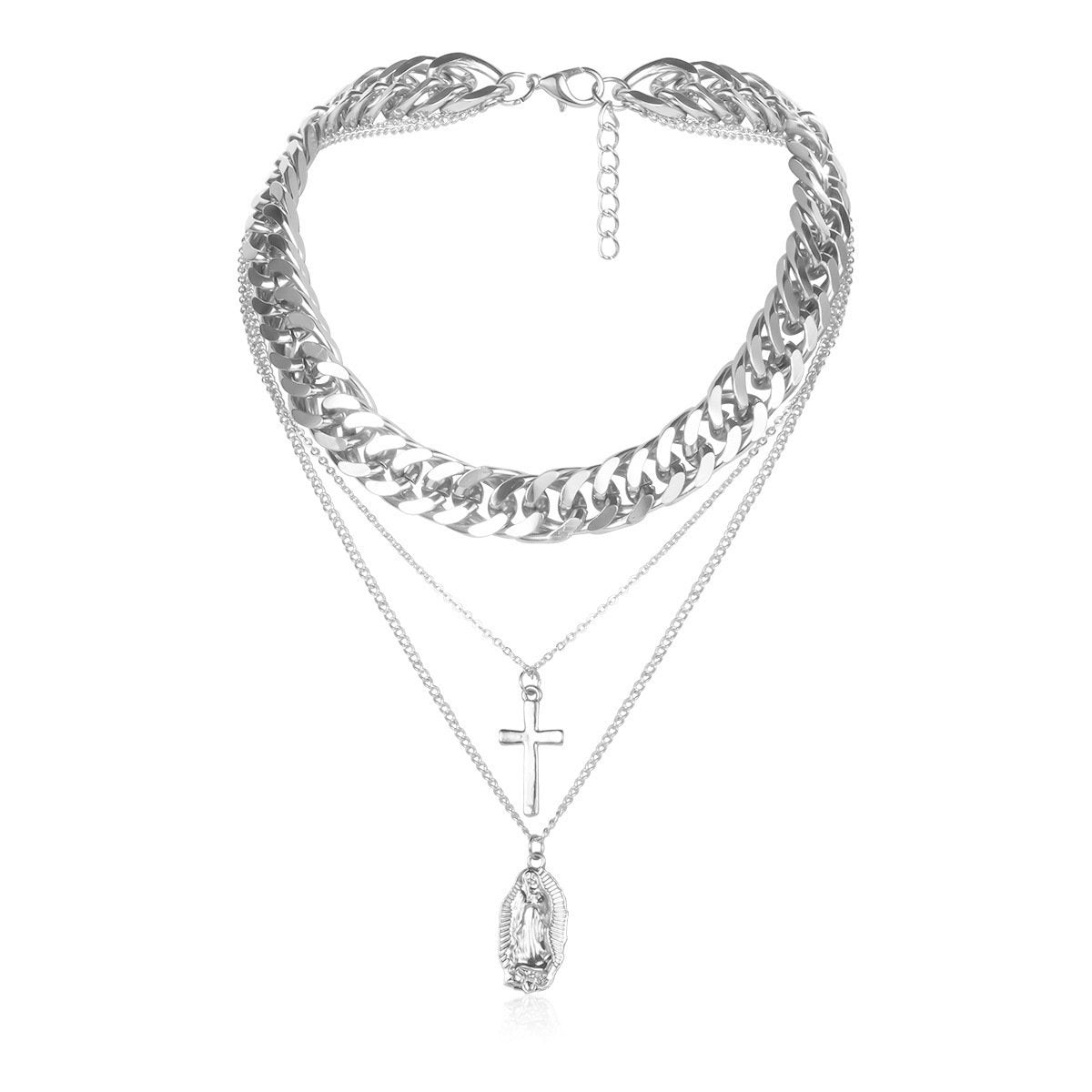 Jewelry Personality Thick Chain Punk Rock Portrait Retro Necklace Exaggerated Cross Multilayer Necklace