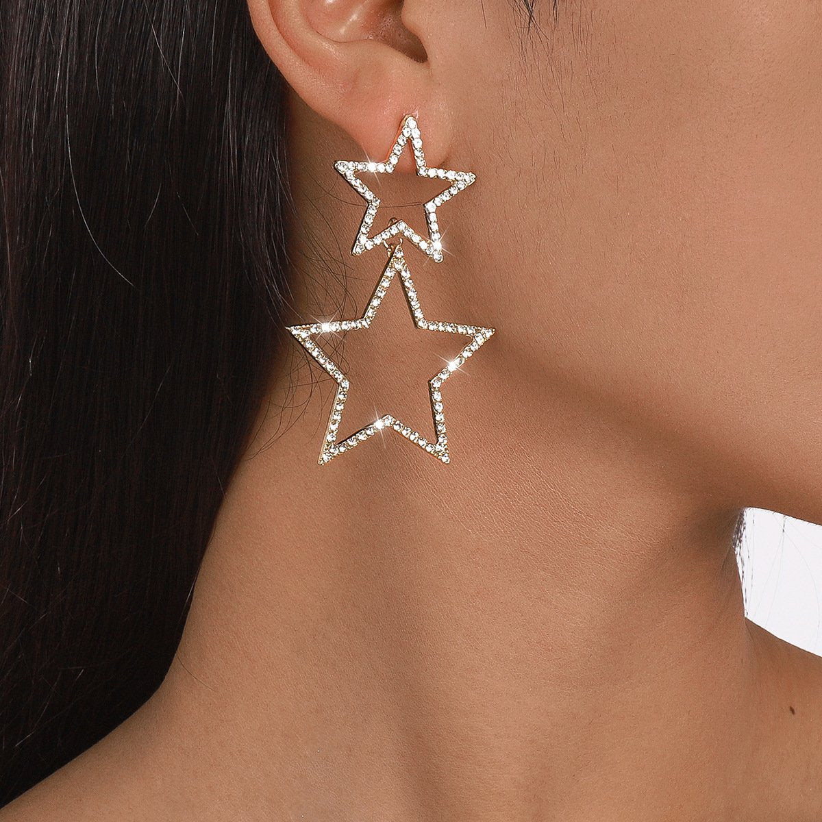 E1682 Sexy women's group fashion rhinestone earrings pentagram double-layer personality fashion temperament earrings