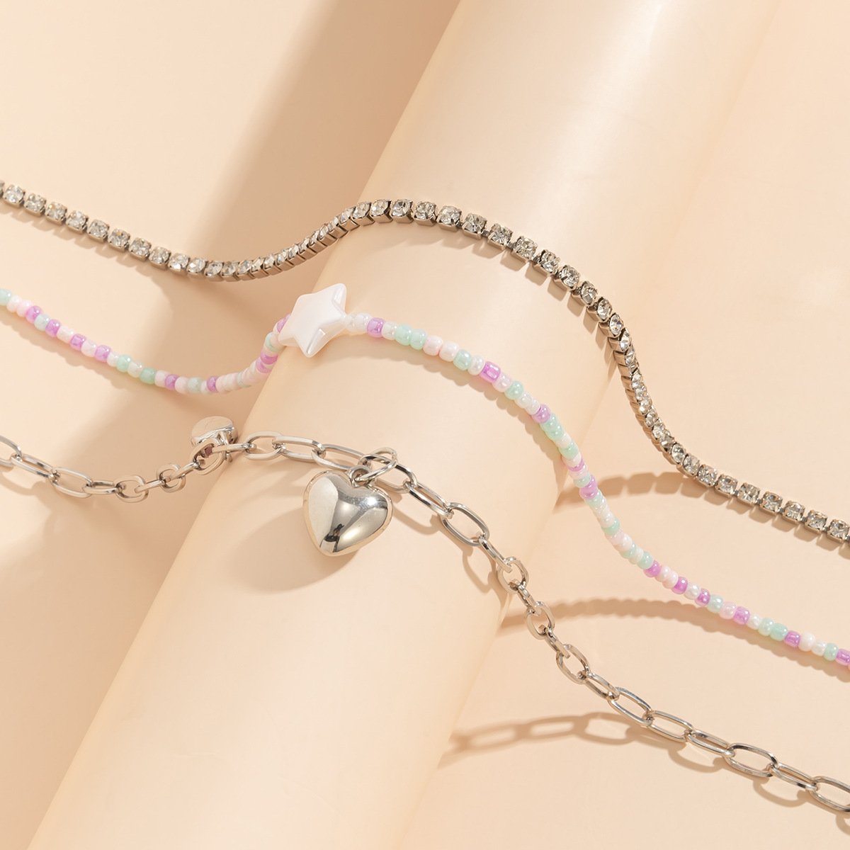 Jewelry Sweet Cool Pink Diamond Peach Heart Pendant Rice Bead Necklace Simple Diamond Chain Clavicle Necklace