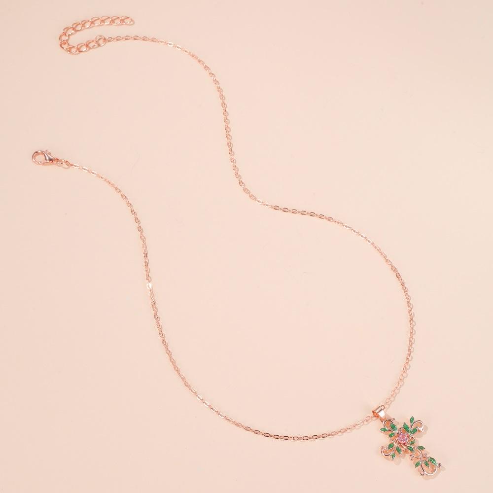 Personality Flower Cross Necklace Fashion Temperament Diamond-studded Leaf Clavicle Chain Simple Necklace Female