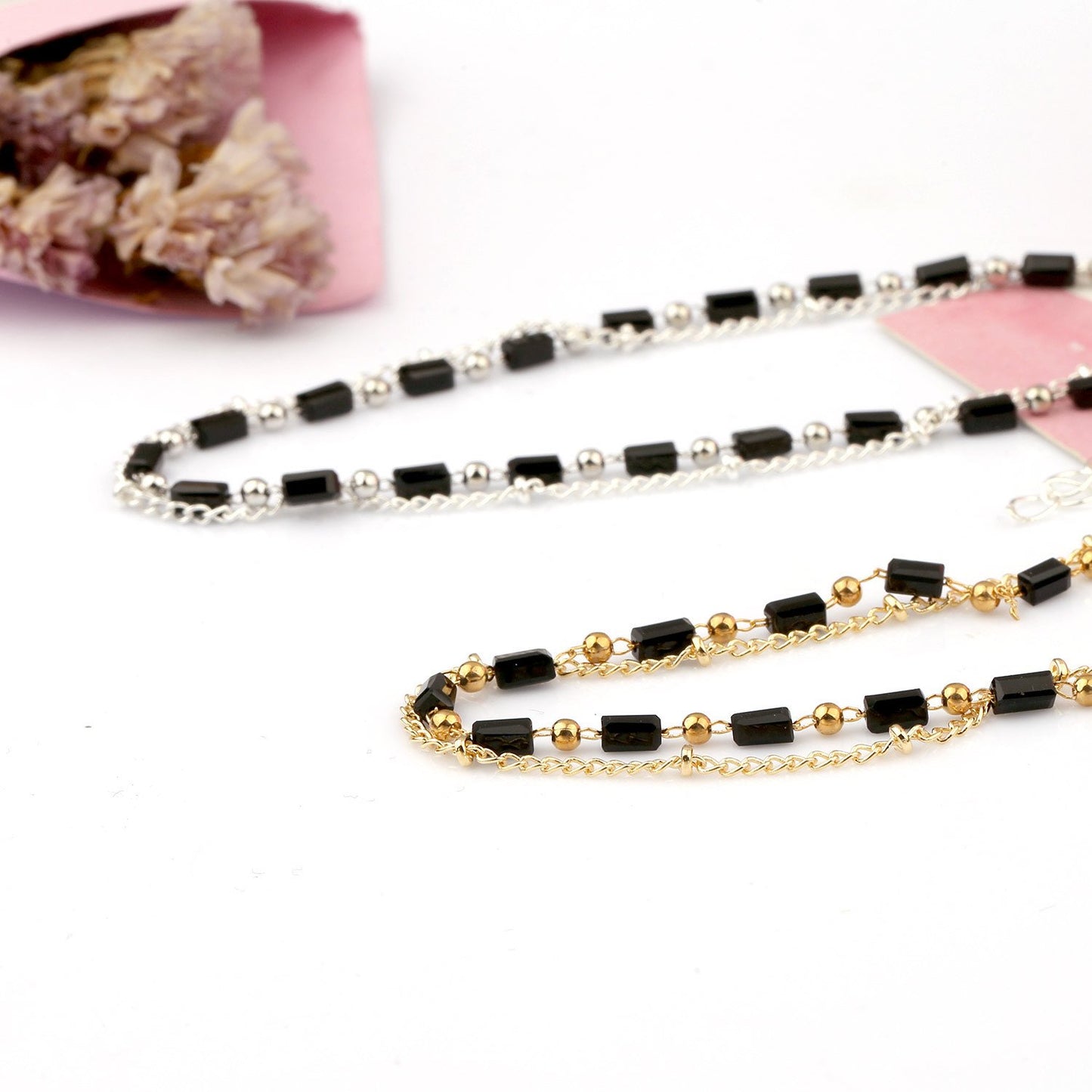 Jewelry Fashion Double Layer Handmade Chain Anklet Female Retro Black Glass Long Bead Beach Anklet