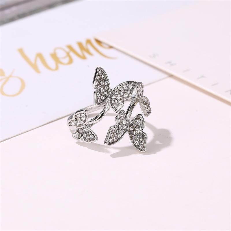 Fashion Jewelry Temperament Full Diamond Four Butterfly Ring Net Red Light Luxury Index Finger Open Ring