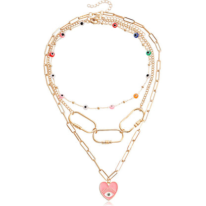 Jewelry trendy multi-layer colorful devil's eye pink love eye pendant necklace female