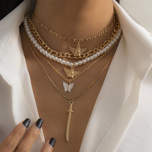 Jewelry hip-hop angel multi-element suit necklace street shooting exaggerated butterfly imitation pearl necklace female